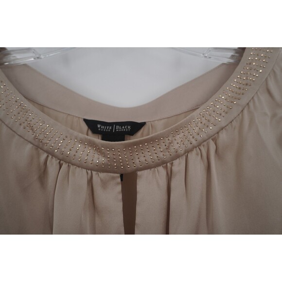 White House Black Market Beige Embellished Long Sleeve Keyhole silk Blouse Sz 6 - Picture 9 of 12